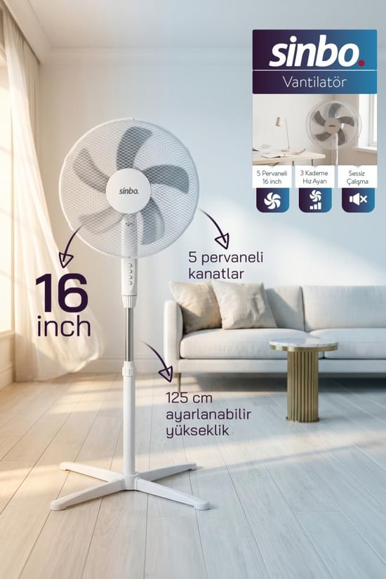 Sinbo Sf-7704 Ayaklı Vantilatör 16 İnç 35w Sessiz Fan 3 Kademeli Yükseklik Ayarlı Ev Tipi
