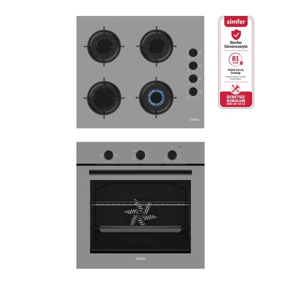 Carino 4 Fonksiyon Mekanik Gri Power Turbo 2'li Cam Ocaklı Ankastre Set (fırın+ocak)