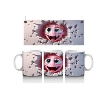 Kalp Şeklinde Çatlakta Pembe Sevimli Maskot Baskılı Kahve Kupası Renkli