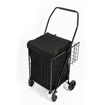 4 Tekerlekli 60 L Katlanabilir Kılıflı Pazar Arabası – 360° Dönebilen Metal İskeletli Siyah Alışveriş Arabası