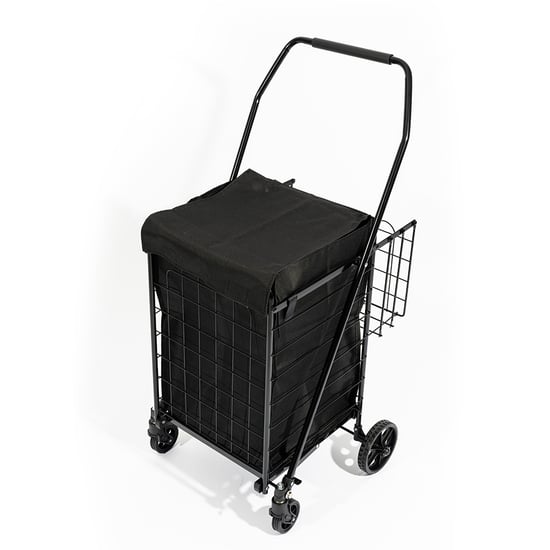 4 Tekerlekli 60 L Katlanabilir Kılıflı Pazar Arabası – 360° Dönebilen Metal İskeletli Siyah Alışveriş Arabası