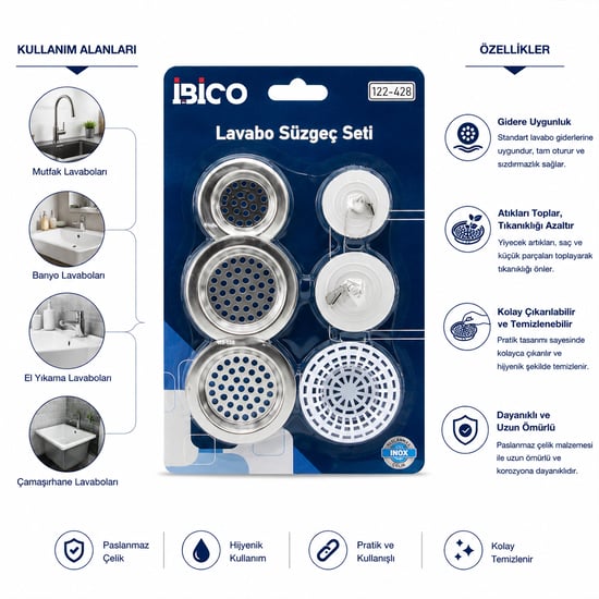 İ22-428 ( 6pcs ) Lavabo Süzgeç & Tıpa Seti ( 3ad-metal + 1ad-plastik Süzgeç & 2ad-plastik Tıpa )