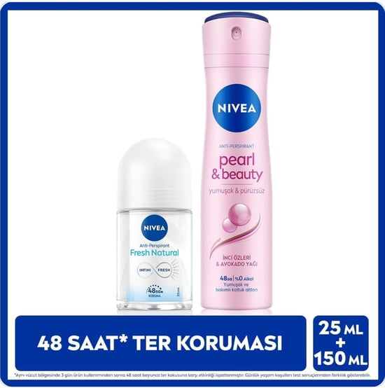 Nivea Kadın Sprey Deodorant Pearl&beauty 150ml ve Mini Roll-on Fresh Natural 25ml, Ter Koruması 👀 Son 24 Saatte 7 Kişi Görüntülendi!
