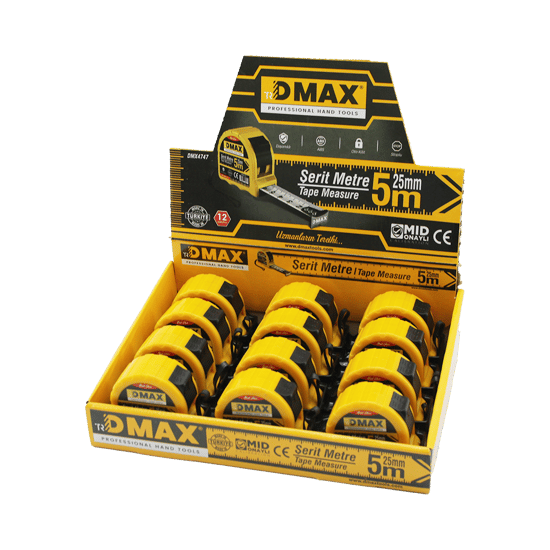 Dmax Dmx-4747 ( 5mt X 25mm ) Çelik Şerit Metre ( Stoplu ) ( Otomatik Kilit= Bas Durdur & Çek Sarsın )