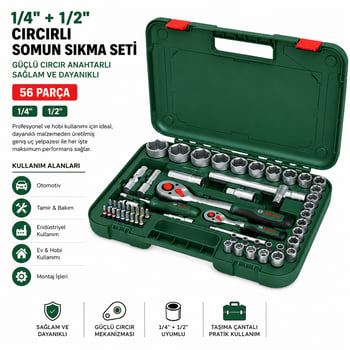 Bosch-1 600 A02 Z9g ( 531 ) ( 56pcs ) (1/2" & 1/4") ( Lokma & 6gen Anahtar & Lokma Uç & Buji Lokma & Mafsal & Uzatma Kol & Cırcır Kolu) Set (plastik Çantalı)