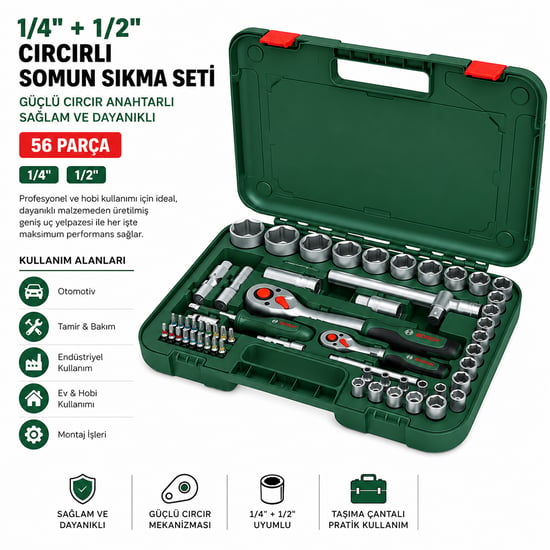 Bosch-1 600 A02 Z9g ( 531 ) ( 56pcs ) (1/2" & 1/4") ( Lokma & 6gen Anahtar & Lokma Uç & Buji Lokma & Mafsal & Uzatma Kol & Cırcır Kolu) Set (plastik Çantalı)