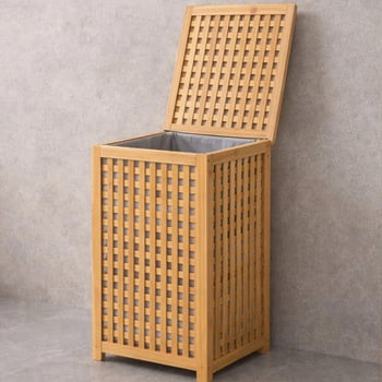 İ21-152 ( Kalın Ahşap Bambu ) Kirli Çamaşır Sepeti ( Kumaş Çantalı ) ( Sepet=40x40x58cm )