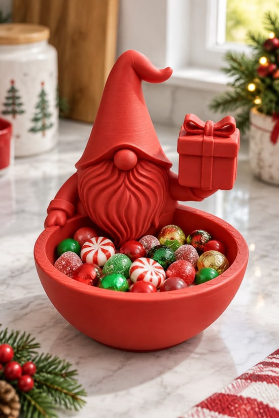 Tatil Şekerleme Temalı Noel Cücesi Figürlü Kase - Sunum Kabı Kırmızı