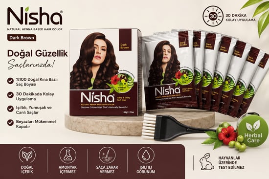 Nisha Hindistan Saç Kınası Kaliteli Her Kutuda 6zarf Kına ve 1 Adet Boya Fırcası Koyu Kahverengi