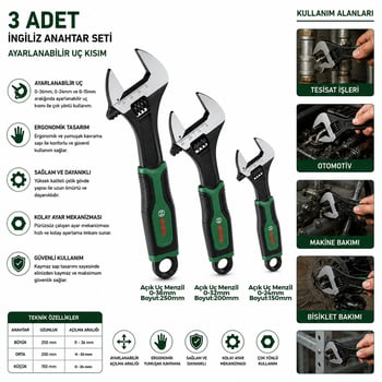 Bosch-1 600 A03 9hr ( 527 ) ( 3pcs ) İngiliz Anahtar & Kurbağacık Seti ( 6"-8"-10" & 150-200-250mm )
