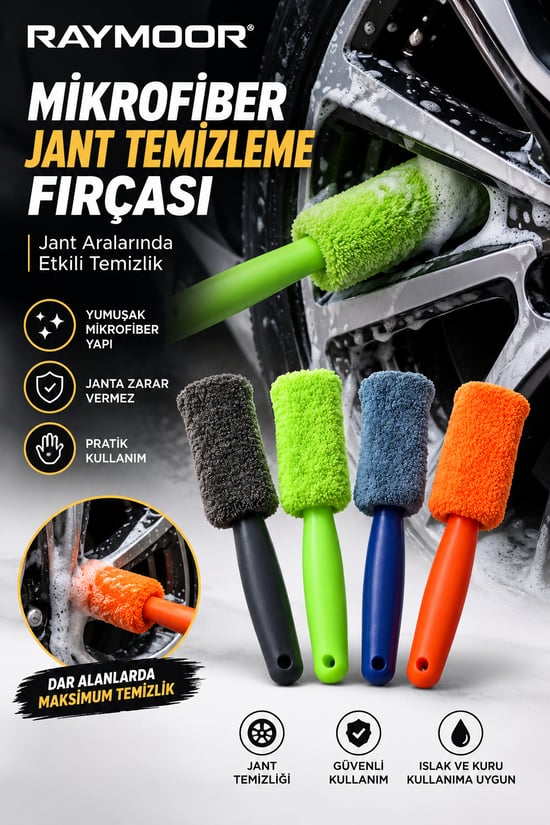 Mikrofiber Jant Temizleme Fırçası – Araç Jantı Detay Temizlik Fırçası, Yumuşak Mikrofiber Başlıklı