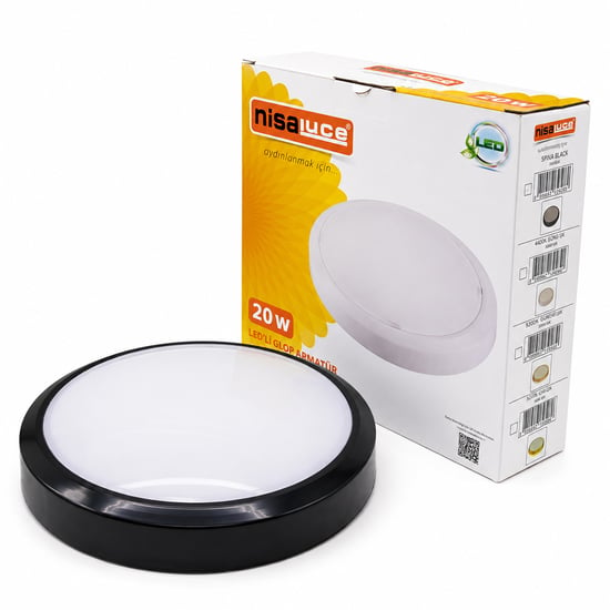 Nisaluce E1212/s (20w) (siyah Metal Kasa) (sıva Üstü) (yuvarlak) Ledli Glop Armatür (ıp20) (6500k & 1800lm)