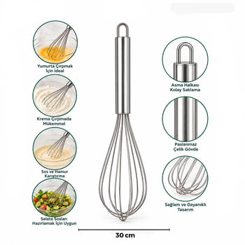 İ22-060 ( 30cm ) ( Krom Saplı ) Çelik Metal Çırpıcı ( Çırpıcı: 18cm + Sap: 12cm )