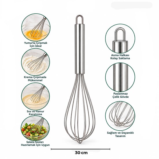 İ22-060 ( 30cm ) ( Krom Saplı ) Çelik Metal Çırpıcı ( Çırpıcı: 18cm + Sap: 12cm )