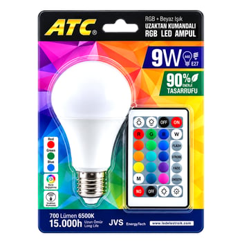 Atc ( Kumandalı & Rgb ) ( 9w=60w & E27 ) Led Ampul ( 700lm ) ( 15000 Saat Ömür )