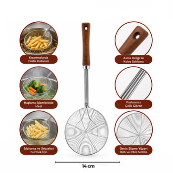 İ22-297 ( 14cm ) ( Akasya Ahşap Saplı ) ( Çelik Metal ) ( Derin ) Kevgir ( Sap: 27cm )