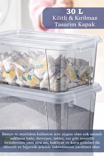 Moi 30 Litre Derin Erzak Kabı-Un Bakliyat Erzak Kabı-Kilitli Kapak