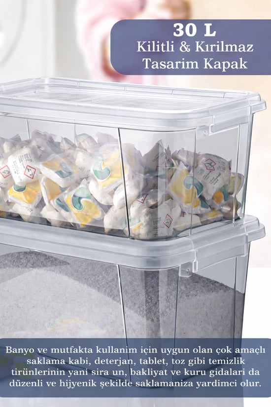 Moi 30 Litre Derin Erzak Kabı-Un Bakliyat Erzak Kabı-Kilitli Kapak