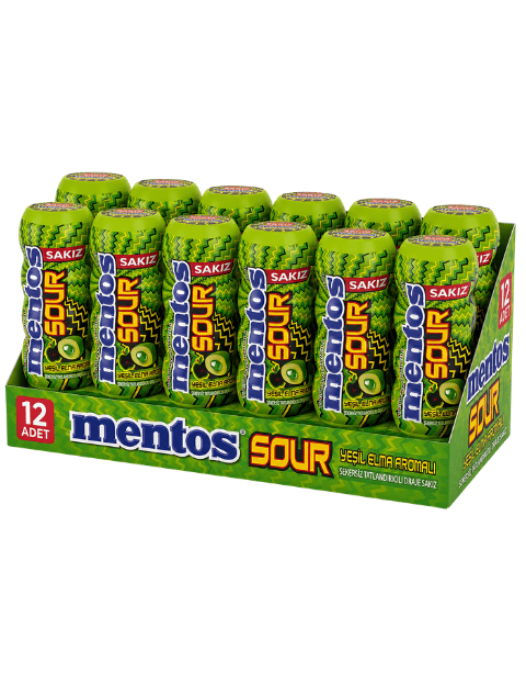 Mentos Sour Yeşil Elma Aromalı Şekersiz Tatlandırıcılı Ekşi Draje Sakız 30 Gr X 12 Adet