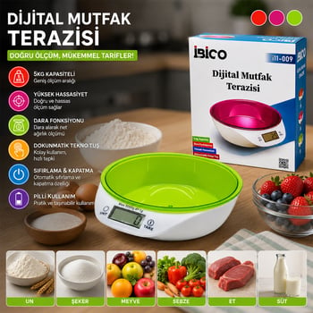 İ11-009 ( Dijital & Pilli ) Mutfak Terazi Tartı ( Kaseli & 5kg/1gr )