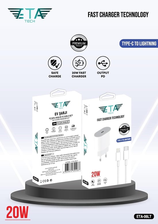 20w Type-c Şarj Adaptörü - Hızlı Şarj Adaptörü ve 1 Metre Type-c To Lightning Kablo Seti