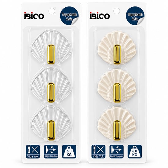 İ17-018 ( 3pcs Tekli = Gold Uçlu & Deniz Kabuk ) Plastik Askı ( Yapışkanlı Montaj= Beyaz Mika Kristal )
