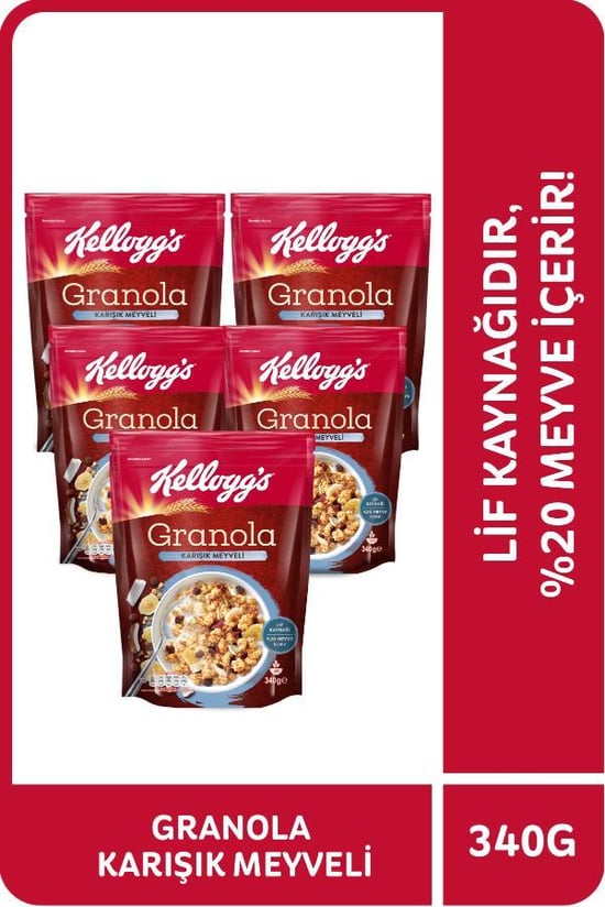 Kellogg's Granola Karışık Meyveli 340 Gr x 5 Adet, %45 Yulaf içer