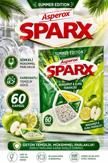 Asperox Sparx Summer Edition Bergamot & Elma Ferahlığı Bulaşık Makinesi Deterjan Kapsülü 60’lı – Sirkeli Mükemmel Parlaklık, Karbonatlı Temizlik Gücü