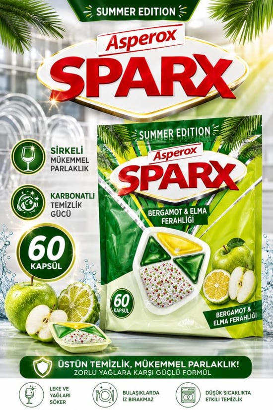 Asperox Sparx Summer Edition Bergamot & Elma Ferahlığı Bulaşık Makinesi Deterjan Kapsülü 60’lı – Sirkeli Mükemmel Parlaklık, Karbonatlı Temizlik Gücü