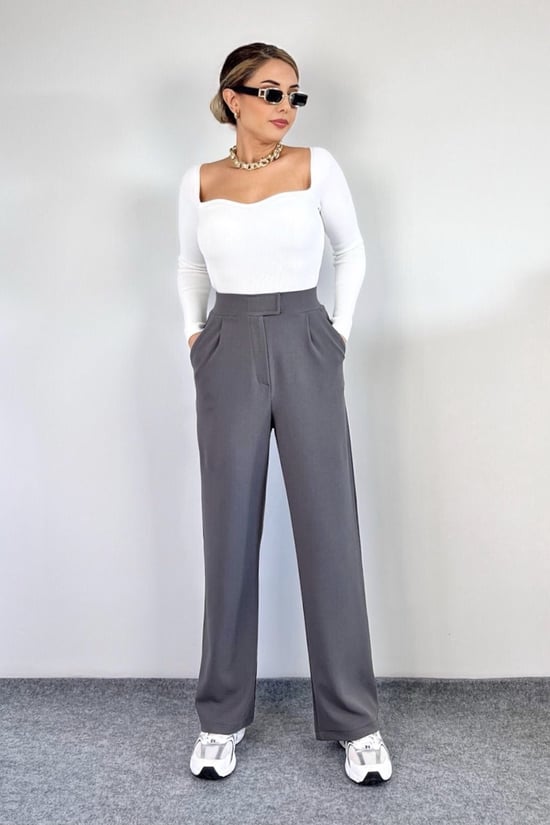 Thiff Kadın Likralı Cırt Kapama Gri Geniş Paçalı Rahat Palazzo Pantolon