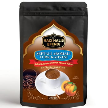 Hacı Halis Efendi Şeftali ve Çikolata Aromalı Türk Kahvesi 200 Gr Yumuşak İçimli Doypack