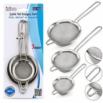 İ22-122 ( 3pcs Set ) ( Mini= 5-7-8cm ) Tel Süzgeç (metal Çerçece) (metal Sap=8.5-10.5-10.5cm)