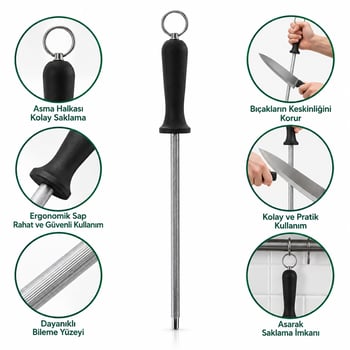 İ22-072 ( Yuvarlak & İnce ) Masat & Bıçak Bileme ( Metal Asma Halkalı ) ( Masat: 20cm + Sap: 10cm= 30cm )