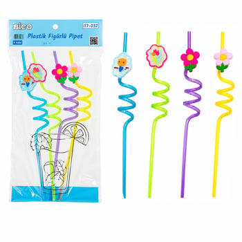 İ17-032 ( 4pcs ) ( Kıvrımlı & Renkli Plastik ) Pipet ( Figürlü=mix )