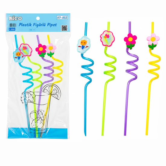 İ17-032 ( 4pcs ) ( Kıvrımlı & Renkli Plastik ) Pipet ( Figürlü=mix )