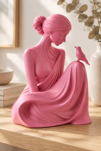 Kuşa Fısıldayan Kadın Figürlü Dekoratif Biblo Pembe