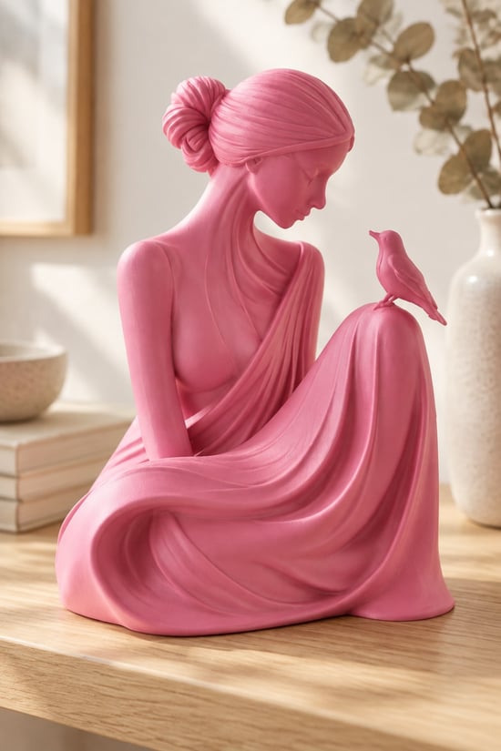 Kuşa Fısıldayan Kadın Figürlü Dekoratif Biblo Pembe