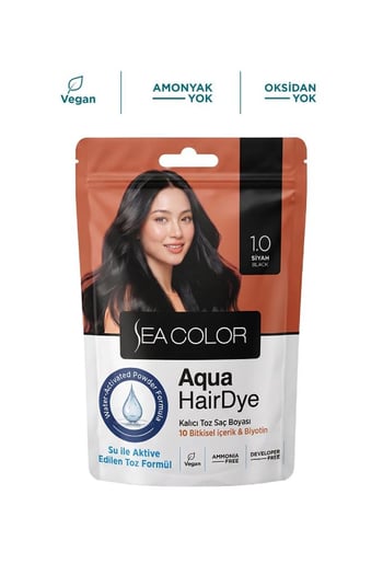 Sea Color Aqua Hair Dye Vegan & Amonyaksız Su ile Aktive Edilen Kalıcı Saç Boyası Toz 1.0 Siyah