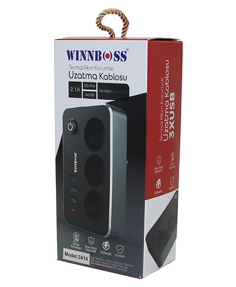 Winnboss-3414 Termal Akım Korumalı ( 3lü Priz ) ( 3x Usb ) ( 2mt ) ( Anahtarlı ) Uzatma Kablo Siyah ( 2.1a )
