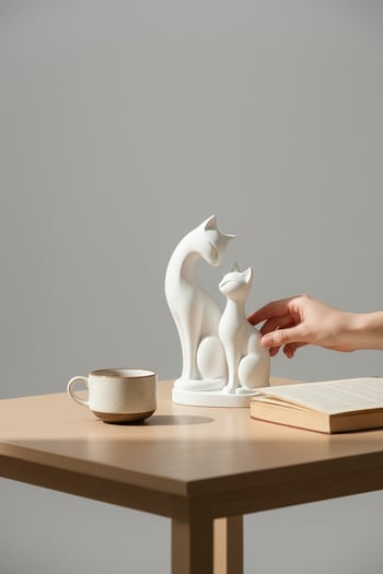 Anne Kedi ve Yavru Kedi Figürlü Biblo Beyaz