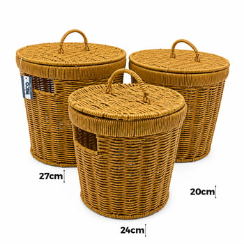İ22-407 ( 3 Boy ) ( Yuvarlak ) ( Metal İskelet ) Pls.hasır Organizer Sepet ( Kapaklı ) ( 22x25x28cm )