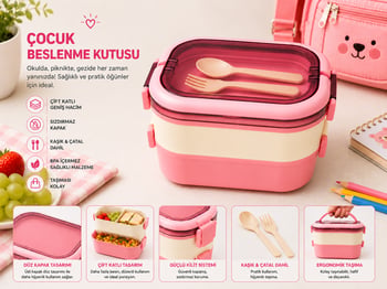 Çocuk Beslenme Kutusu Kaşık Çatal Setli Pembe