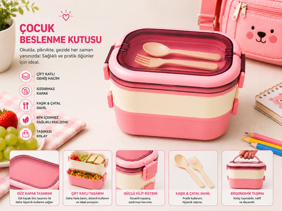 Çocuk Beslenme Kutusu Kaşık Çatal Setli Pembe