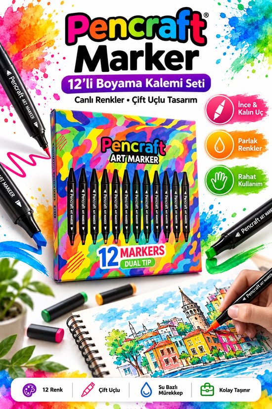 Fabess Pencraft Marker Boyama Kalemi 12’li Set – Çift Uçlu, Canlı Renkler, Profesyonel Çizim Kalemi