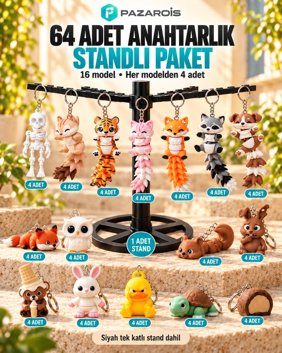 64 Adet Karışık Sevimli Figürler Toptan Anahtarlık Paketi