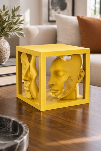 Soyut Çift Yüzlü Büst Figürlü Dekoratif Biblo - 16cm Büyük Boy Sarı