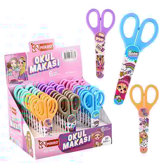 Mikro KS-160 Büyük Kablı Korumalı Okul Makası 6 Renk Tasarımlı Kızlar İçin 30 Adet'li