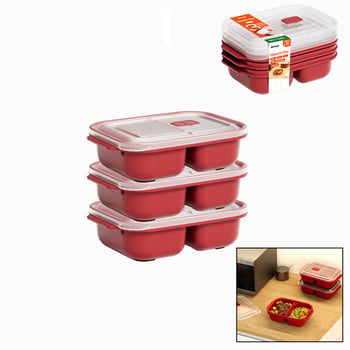 Dünya 31245-854 ( 3 Pcs ) Kırmızı Bölme Dikdörtgen Saklama Kabı Seti ( 1200ml )