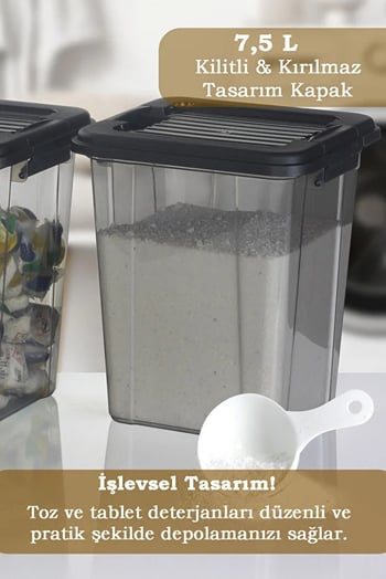 Moi 7,5 Litre Derin Erzak Kabı-Un Bakliyat Erzak Kabı-Kilitli Kapak