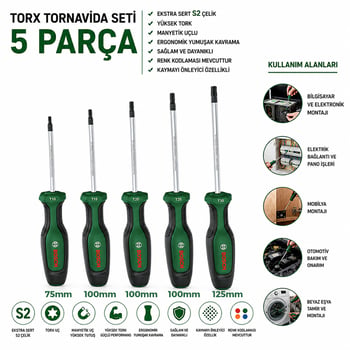 Bosch-1 600 A02 Bx6 ( 524 )( 5pcs ) Torx Tornavida Seti ( Tx10-15-20-25-30 X 75-100-100-100-125mm )